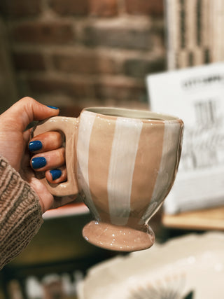 White and Tan Striped Stoneware Footed Mug