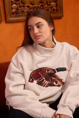 BUCKETLIST INC - IT2594E-MALLARD | 'MALLARD' Embroidered Mock-Neck Sweatshirt: ASH GREY / S/M-L/XL (3-3)