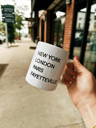 New York, London, Paris, Fayetteville Mug