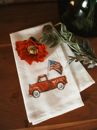 Red Truck with Flag Dish Towel
