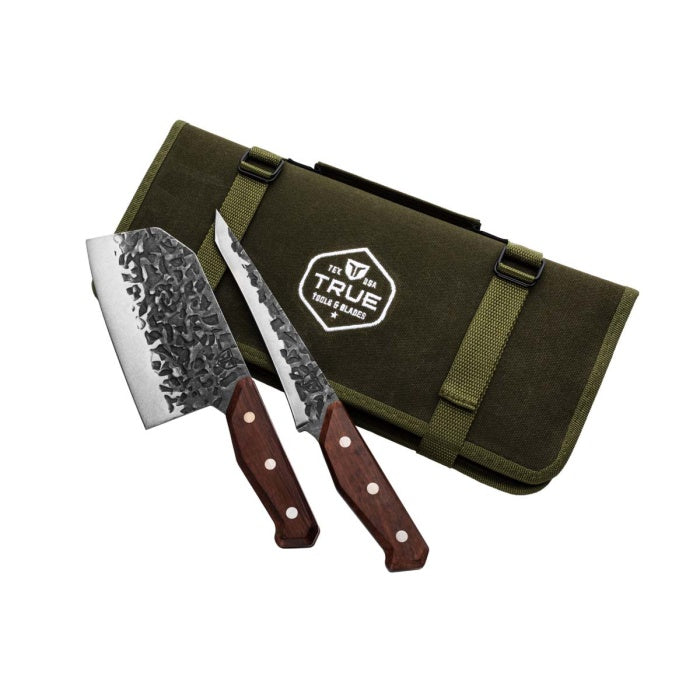 TRUE Primal Forge Knife Kit: Includes 6.5 Chopper, 7.25 Tanto, Outdoor  Kitchen Prep and Carving Knives in Waxed Canvas Roll, Silver 